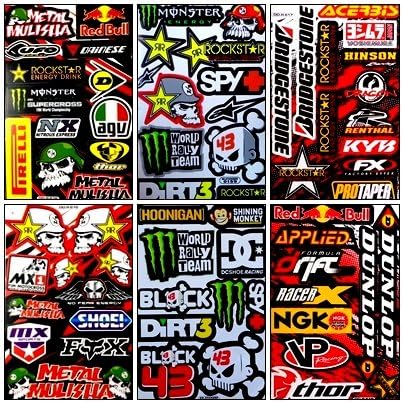 Set 6 Sheet Rockstar Energy Yamaha Kawasaki Metal Mulisha ATV Helmet Bike Motorcycle Motocross Racing Decal Sticker