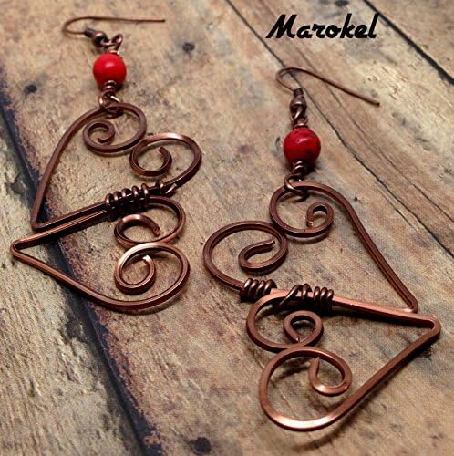 Two Hearts Earrings Copper Wire Wrapped Square Wire Scarlet Vermillion Double Heart