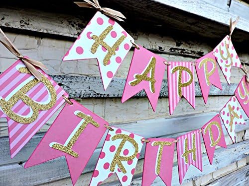 Pink And Gold Birthday Banner, Sparkle Gold Birthday Decoration, First Birthday Pennant Banner, Princess Party Banner, Girls Birthday Banner, Happy Birthday Sign