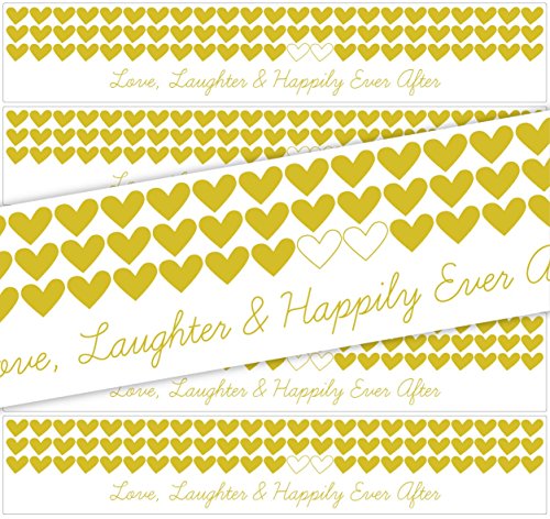24 Hearts Waterproof Water Bottle Labels; Love, Laughter & Happily Ever After (Gold)