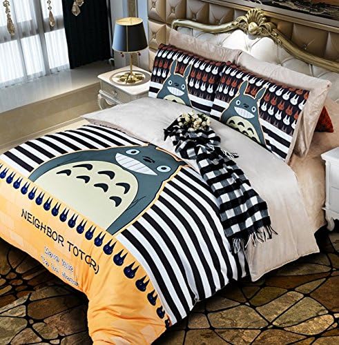 My Neighbor Totoro Painting Yellow Stripe Coral Velvet Children Lovely Short Plush Cartoon Velvet Bedding Sets Bed for Kids Twin Queen 4pcs