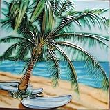8" x 8" High Gloss Raised Image Unique Handcrafted Decorative Ceramic Artist Tile Wall Plaque With Hanger / Stand - Coastal Beaches & Palm Trees Vacation (BD-2045W)