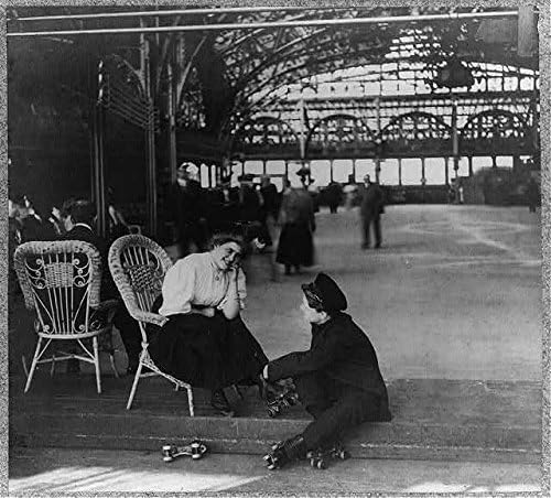 Photo: Putting on roller skates,Man helping woman,Roller Skating,c1907,fun