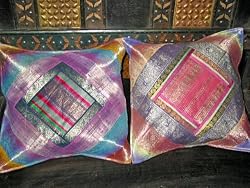 Christmas Gift-2 Pink Maya Blue Ethnic Vintage Sari Zari Borders Toss Pillow Cushion Covers Free Shipping