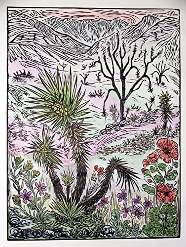 Large Original Hand-colored Woodcut Print Desert Landscape After The Fire New Spring