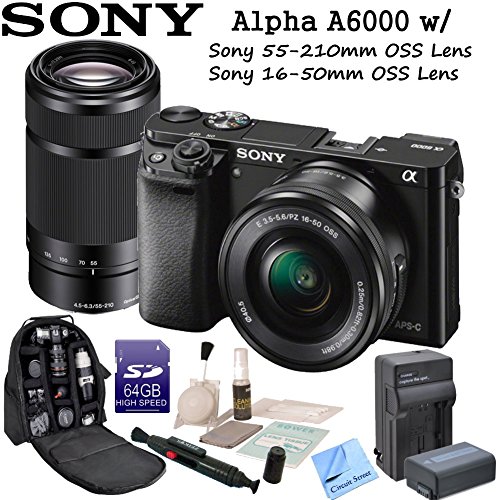 review Sony Alpha A6000 ILCE6000L/B Mirrorless Digital Camera with 16-50mm Lens + Sony SEL55210 55-210mm f/4.5-6.3 Lens + CS Premium Kit: Includes Sony FW50 Replacement Batteries, Rapid Travel Charger, 64GB SDXC Memory Card, Card Reader, Deluxe Camera Backpack, Brush Blower, Cleaning Solution, LCD Screen Protectors, Cotton Swabs Lens Pen & CS Microfiber Cleaning Cloth