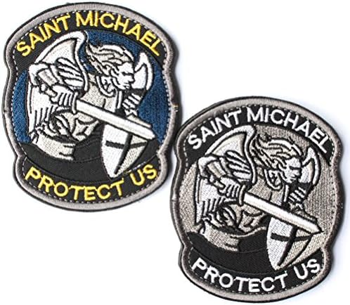 Saint St.Michael Protect Us Military Tactical Morale Patch with Velcro backing Deep blue grey Decorative Embroidered Badge appliques (Grey plus blue)