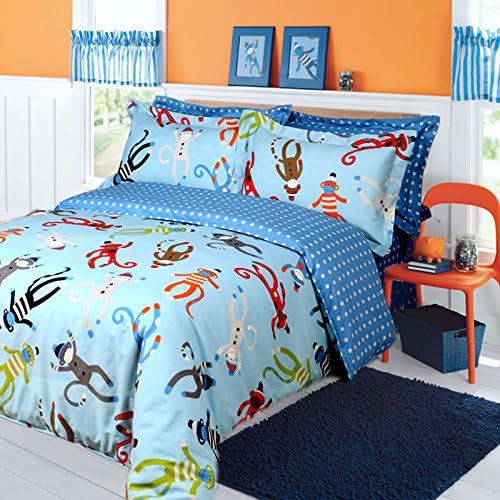 Zacard Cartoon Monkey Pattern Bedding Kids Bedding Set Blue Polka Dot Bedding Bed Linen Sets Bedding for Boys Twin Full Size (Full)