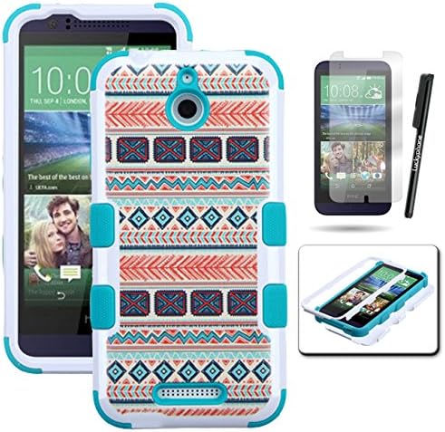 HTC Desire 510 Case, Luckyphone (TM) For HTC Desire 510 TUFF Phone Cover Protector Dual Layer Armor Case + Premium Screen Proector + Touch Screen Stylus Pen (Mexican Tribal / Teal Tuff)
