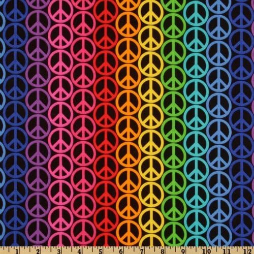 1-1/2 Yards Pre-Cut - Retro Style "Rainbow Stripe Peace Signs" on Black Fabric (Great for Quilting, Sewing, Craft Projects, Curtains, Pillows, Etc.) PreCut 1-1/2 Yard x 44" Wide