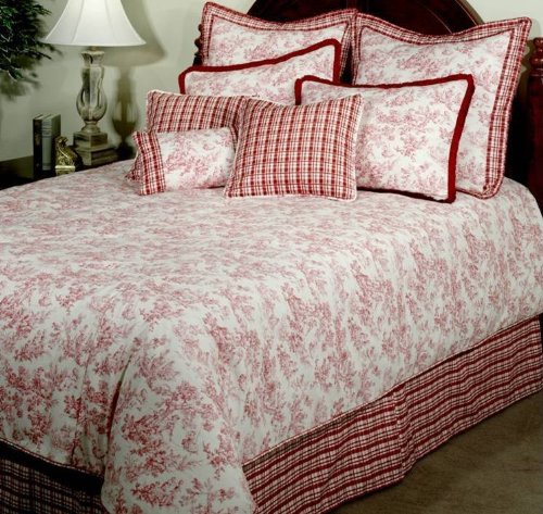 8pc Southern Textiles Jolie Red Pink Toile King Bedding Bed in a Bag Comforter Set