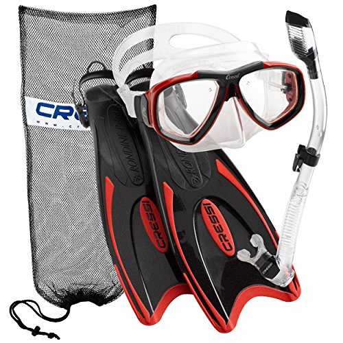 Cressi Palau Long Fins, Focus Mask, Dry Snorkel, Snorkeling Gear Package, Red-ML