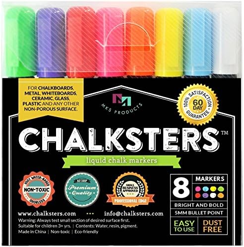 Chalk Markers - Chalksters 8-pack, Professional Liquid Chalk Pen, Bullet Tip, Super Vibrant Chalk, Wet Erase Chalkboard Markers, Plus Bonus Gift