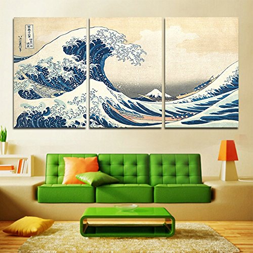 XrsArt 海の風景キャンバス絵画3パネルの伝統的な芸術の風景の絵神奈川葛飾北斎オフ大きな波（額縁なし）FCa26 36 インチ x20 インチ