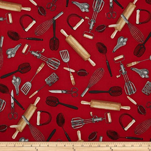 Kiss The Cook Cooking Utensils Red Fabric
