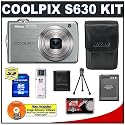 Nikon Coolpix S630 12 Megapixel Digital Camera (Titanium Silver) with 7x Optical Zoom + EN-EL12 Battery + 8GB Card + Leather Case + Accessory Kit