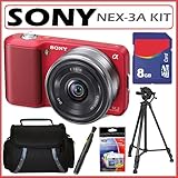 Sony Alpha NEX-3A 14.2MP Compact HD Digital Camera Red + 8GB Kit