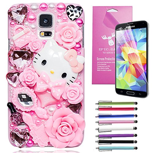EpicGadget(TM) Samsung Galaxy S5 Handmade 3D Luxury Crystal Bling Bling Heart Polka Dot Bow Miss Kitty Fairy Tale Case For Samsung Galaxy S5 i9600 + S5 i9600 Screen Protector + 1 Stylus Pen (Random Color) (US Seller!!) (Pink Miss Kitty Fairy Tale Case)