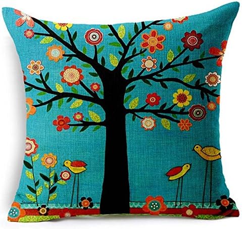 Cotton Linen Throw Pillow Case Cushion Cover Home Sofa Decorative 18 X 18 Inch (Black Large Tree and Flower Birds)