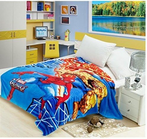 Marvel Superheroes- Spiderman/Fantastic 4: Purple Blue Yellow Red Coral Fleece Blanket- Twin - Very Soft