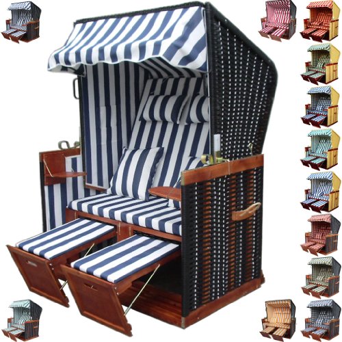 Garten Strandkorb inkl. LUXUS Strandkorb Schutzhülle u. 4x Kissen, blau-weiss-gestreift mit dunkelbraunem Holz, FARBAUSWAHL