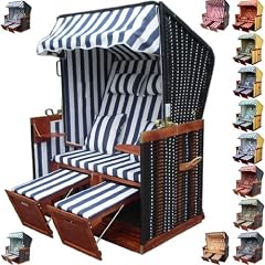 Garten Strandkorb inkl. LUXUS Strandkorb Schutzh�lle u. 4x Kissen, blau-weiss-gestreift mit dunkelbraunem Holz, FARBAUSWAHL