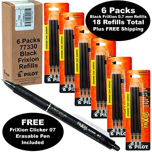 Pilot Frixion Pen Refills 0.7 Mm Fine 77330, Black Gel Erasable Ink, 6 Packs of 3 Refills with Black Frixion Clicker 0.7mm Erasable Pen