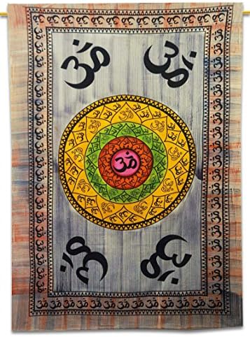 Om Print Indian Decor Throw Cotton Tapestry Twin White Boho Wall Hanging 84X56 Inches