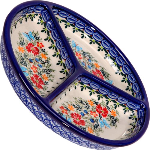 Polish Pottery Ceramika Boleslawiec,  0727/238, Mercedes Divided Platter, 10 3/4 Inches in Diameter, Royal Blue Patterns with Red Cornflower and Blue Butterflies Motif
