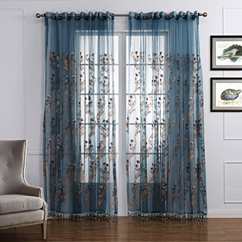 VIVOSUN 2 Pieces Embroidered Sheer Window Curtain Grommet Drapes Blue 63x40"