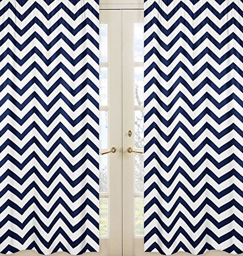 Navy Blue and White Chevron Window Treatment Zig Zag Panels - Set of 2