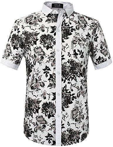 SSLR Men's Flower Buttondown Short Sleeve Shirt (Medium, White Black)