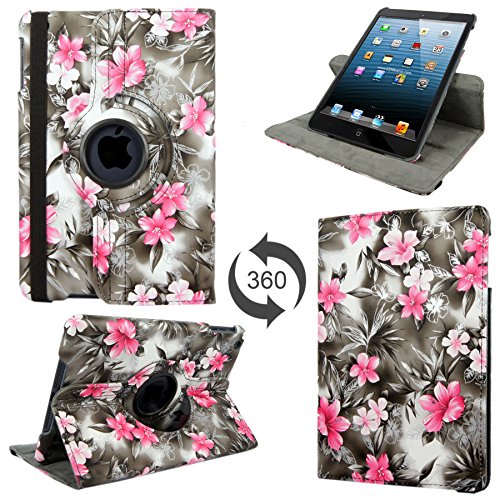 Cellularvilla for Apple iPad Mini (2012) 7.9 Inch / iPad Mini 2 (2013 Edition) 7.9 Inch Retina Display Case 360 Degree Rotating Black Pink Flower Pu Leather Flip Folio Stand Case Cover Protector