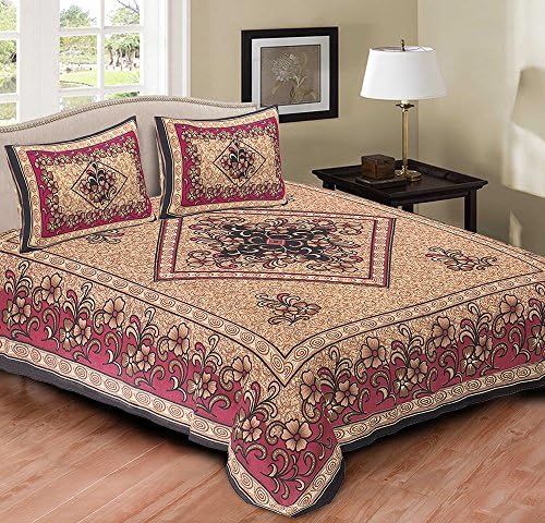 Jaipuri Cotton Sanganeri Printed Double Bedsheet With 2 Pillow Cover - Brown, AOB10
