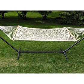 Deluxe Extra Large 2 Person White Rope Hammock Set 100% Soft Cotton Rope with 15 Foot Long Iron Stand