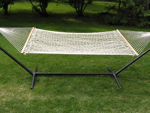 Deluxe Extra Large 2 Person White Rope Hammock Set 100% Soft Cotton Rope with 15 Foot Long Iron Stand
