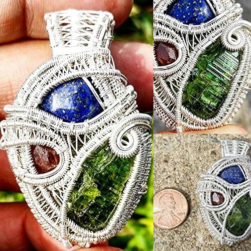 HEADY Lapis Lazuli Cab, Orange Spesspartine Garnet, Green Tourmaline Fine Silver Wire Wrapped Pendant
