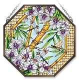 Amia Window Décor Panel Features Dragonflies in a Bamboo Setting, 15-Inch Octagon, Handpainted Glass