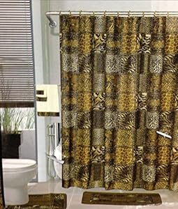 18pcs Bath Rug Set LEOPARD BROWN Bathroom Rug Shower Curtain Mat / Rings Towel Set