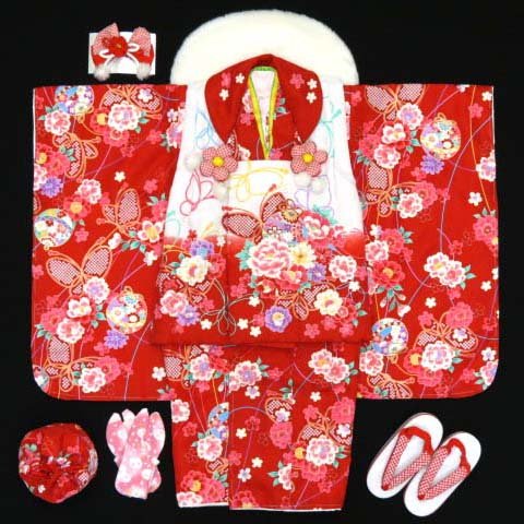 七五三着物　2012年新作 三歳ファー衿付きお祝い着物セット(合繊)【白赤ぼかし＆赤、鈴に牡丹】　FSZ931