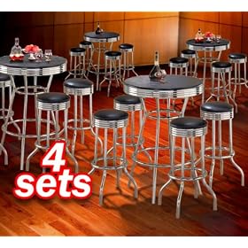 4x 5pc Black Wood Bar Table and Commercial Restaurant Chrome Black Swivel Barstool Set by The Furniture Cove