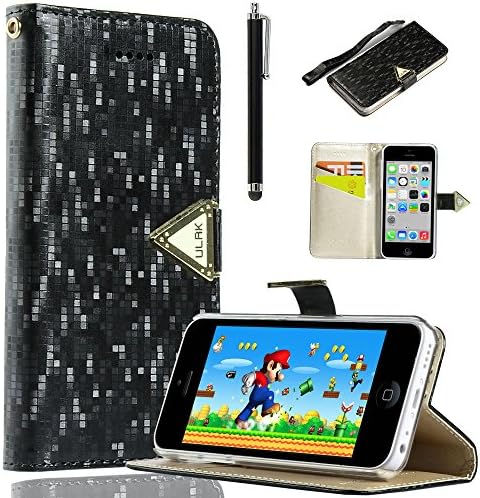 iPhone 5C Case, iPhone 5C Wallet Case, ULAK Luxury Shining Wristlet Wallet Stand Case for Apple iPhone 5C with Credit Card Holder Screen Protector and Stylus (Black)