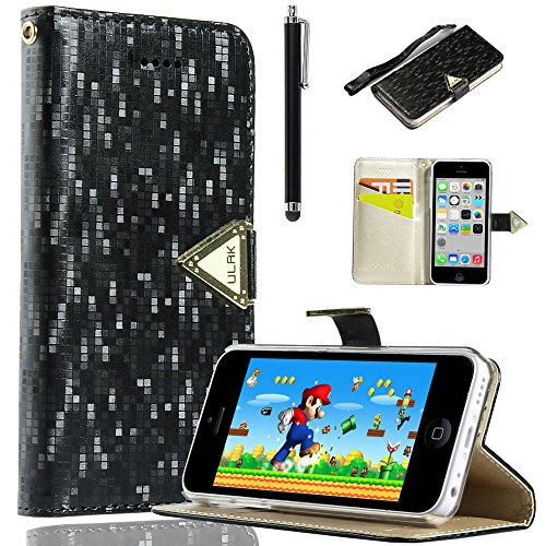 iPhone 5C Case, iPhone 5C Wallet Case, ULAK Luxury Shining Wristlet Wallet Stand Case for Apple iPhone 5C with Credit Card Holder Screen Protector and Stylus (Black)