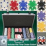 300 Casino Grade Striped Dice 11.5 gram Poker Chips w/ Free Timer Dealer Button. Premium Composite Clay Poker Chips, Includes Aluminum Case.