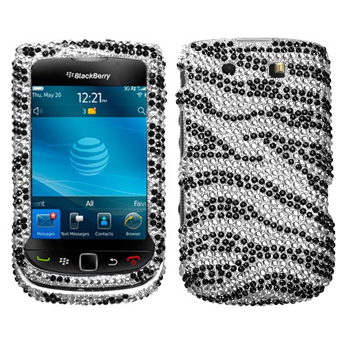 BlackBerry 9800 Torch Cell Phone Full Diamond Crystals Bling Protective Case Cover Black and Silver Zebra Animal Skin Design
