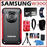 Samsung HMX-W300 HD Poocket Camcorder with 3x Digital Zoom and 2.3-inch LCD in Red + 16GB Micro SDHC + Mini HDMI Cable + USB AC Charger + Accessory Kit