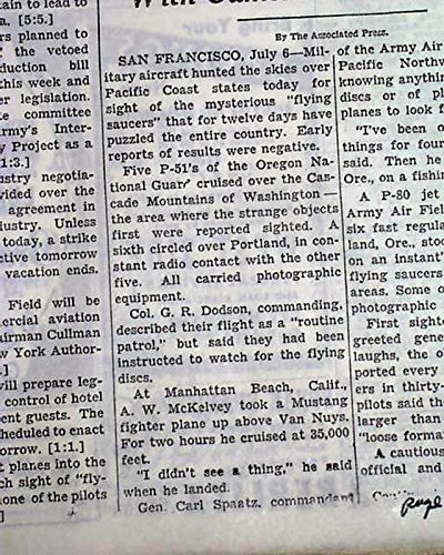 UFO CRAZE Flying Saucers Sightings ALIENS ? Roswell NM Discs ? 1947 Newspaper