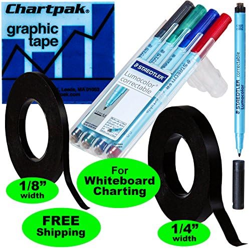 Chartpak Graphic Chart Tape Matte Black Bg1251m 1/8" & Bg2501m 1/4" Plus a Set of 4 Staedtler Lumocolor Correctable Dry Erase Pens 1.0mm Medium Point