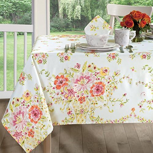 dh-a84n8 Dena Home Ikat Floral Athena SET 84 x 60 Tablecloth & 8 Dinner Napkins, Microfiber Spills Bead Up