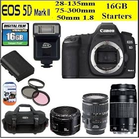 Canon EOS 5D Mark II 21.1MP Full Frame CMOS Digital SLR Camera with Canon EF 75-300mm f/4-5.6 III + Canon EF 28-135mm f/3.5-5.6 IS USM Lens + Canon EF 50mm f/1.8 Camera Lens + 16GB Starters Package